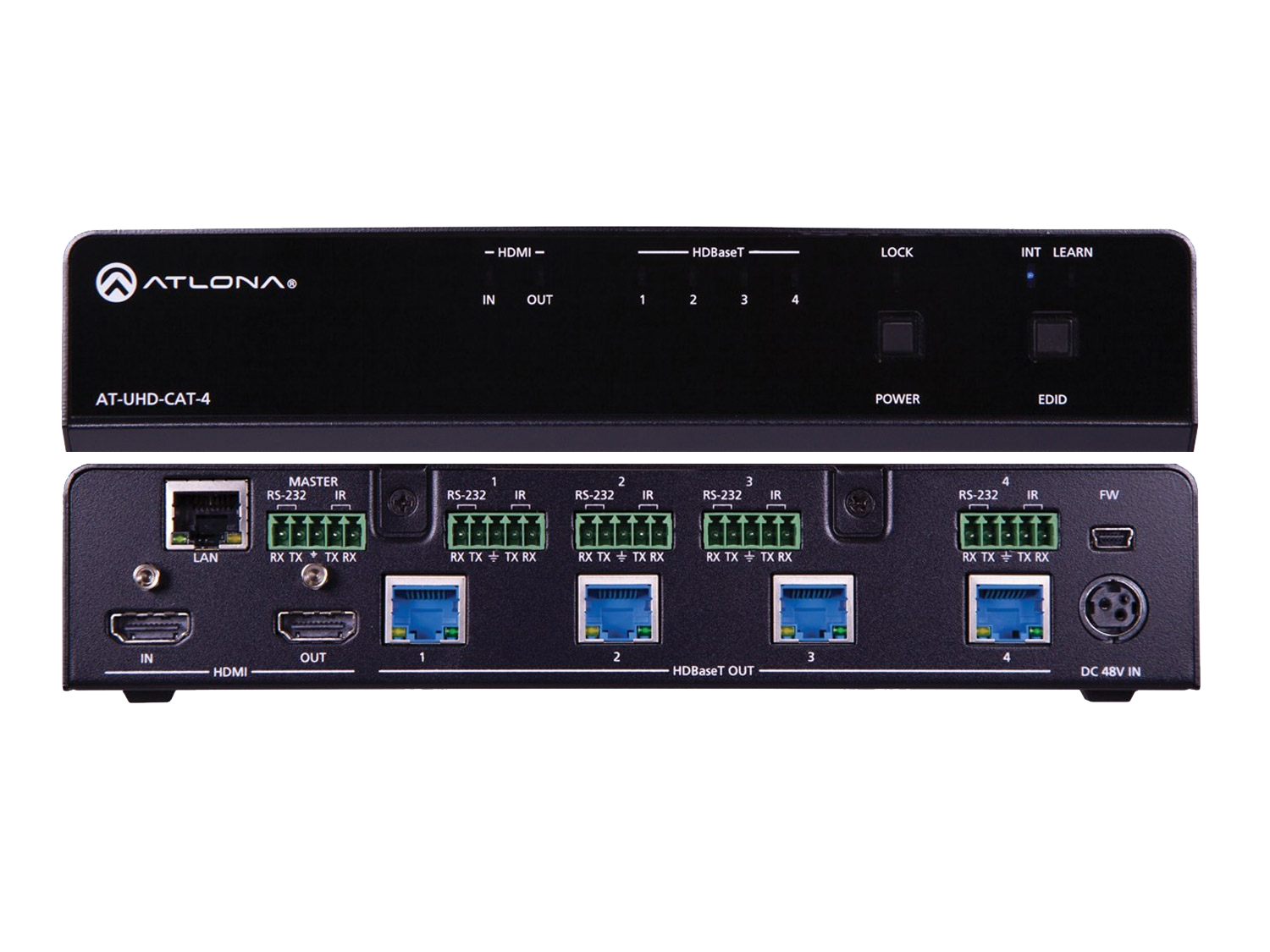Усилитель распределитель 4K/UHD вход HDMI и 4 выхода HDBaseT с PoE, IR и управлением AT-UHD-CAT-4